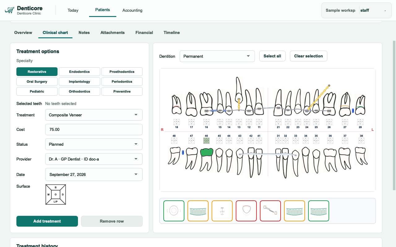 Denticore dental chart showing treatment entry and odontogram using sample data